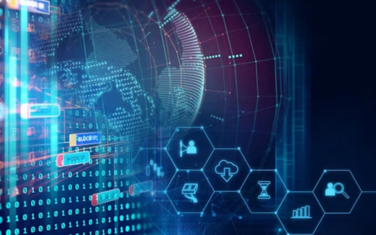 Abstrakte digitale Vernetzung mit Globus und Anwendungssymbolen