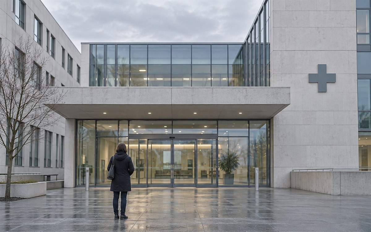 Eine Person steht vor dem Eingang eines Krankenhauses