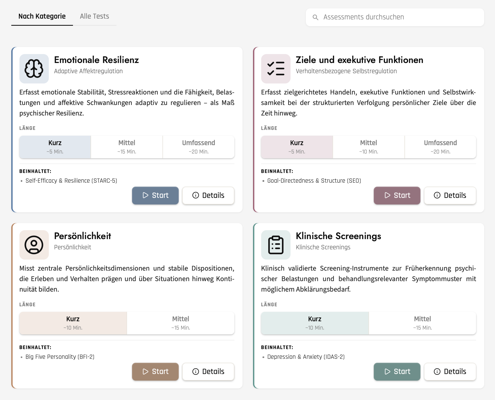 Vollständige Übersicht psychologischer Assessments für Resilienz, Ziele, Persönlichkeit und Screenings