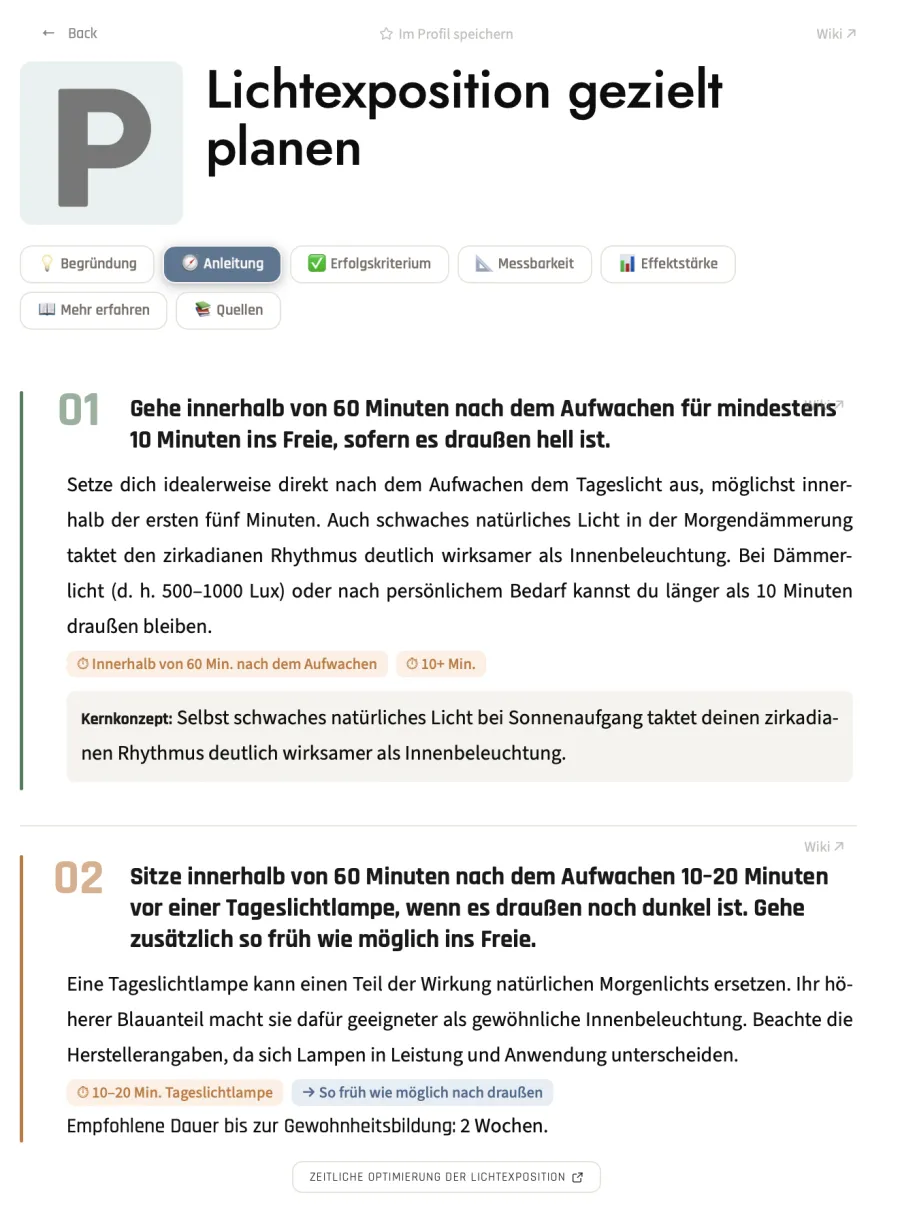 Detailliertes Verhaltensprotokoll zur gezielten Planung der Lichtexposition