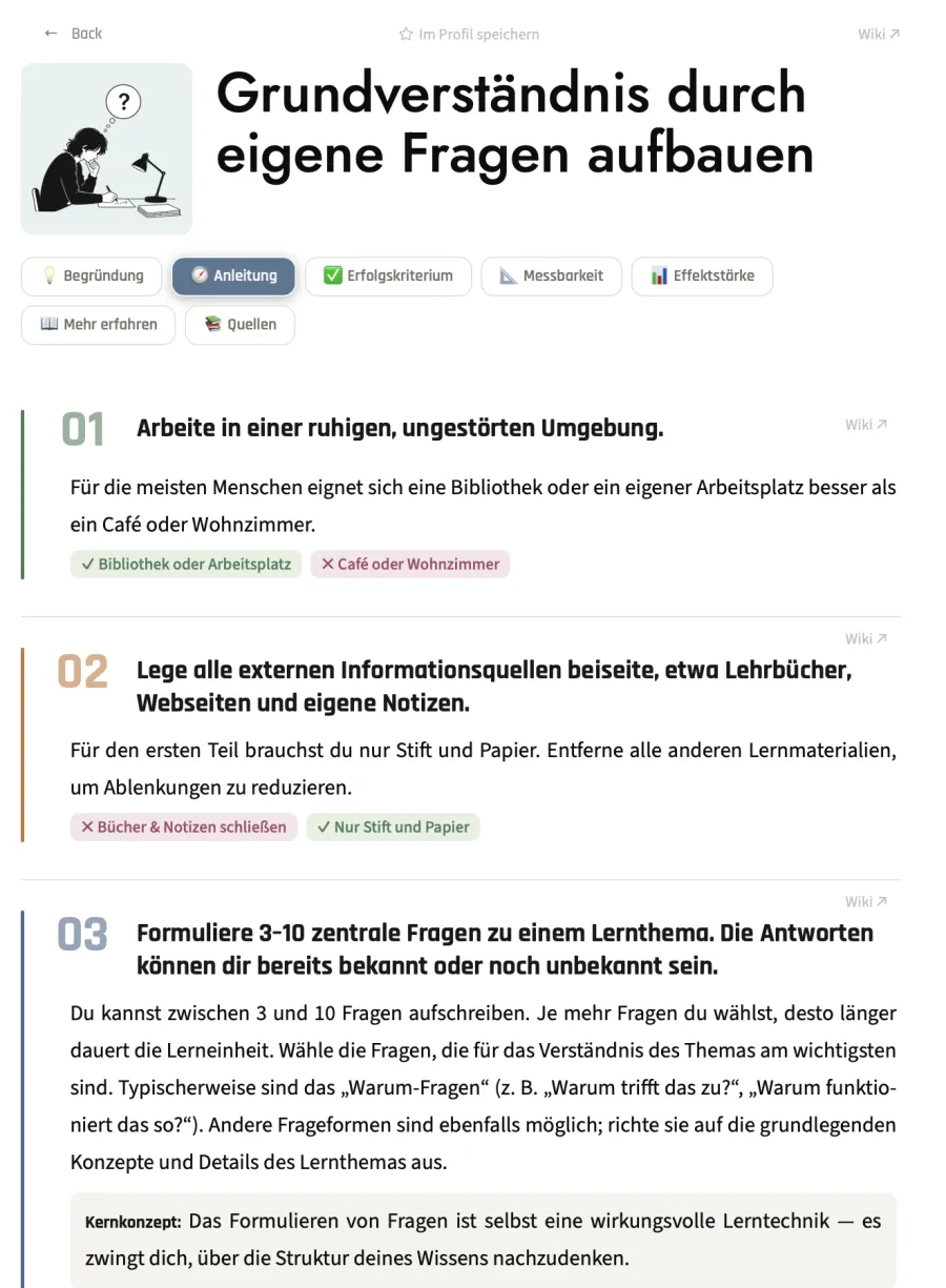 Detailliertes Verhaltensprotokoll zum Aufbau von Grundverständnis durch eigene Fragen