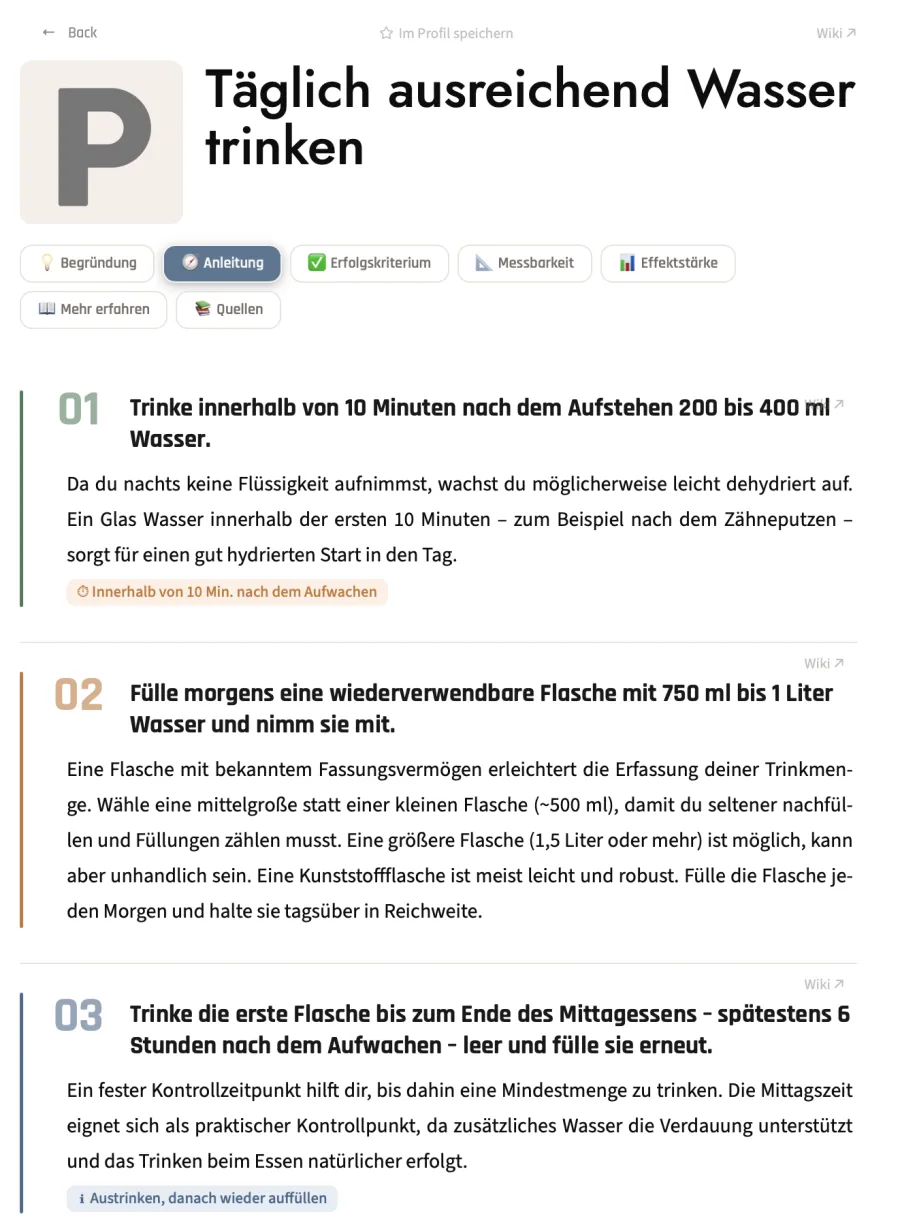 Detailliertes Verhaltensprotokoll zum täglichen Trinken von ausreichend Wasser